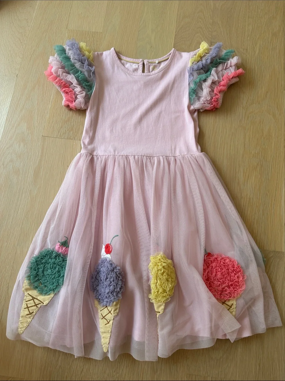 Mini Boden Pink Ice Cream Tulle Dress with Rainbow Ruffle Sleeves